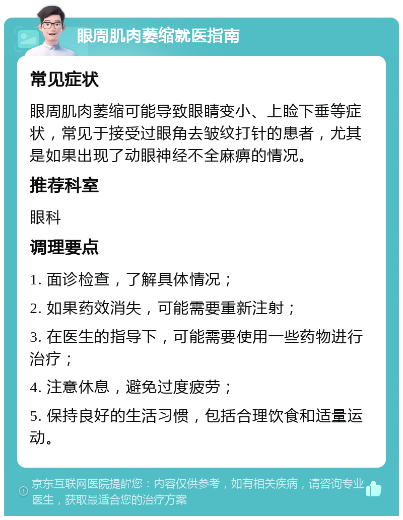 眼周肌肉萎缩就医指南 常见症状 眼周肌肉萎缩可能导致眼睛变小、上睑下垂等症状，常见于接受过眼角去皱纹打针的患者，尤其是如果出现了动眼神经不全麻痹的情况。 推荐科室 眼科 调理要点 1. 面诊检查，了解具体情况； 2. 如果药效消失，可能需要重新注射； 3. 在医生的指导下，可能需要使用一些药物进行治疗； 4. 注意休息，避免过度疲劳； 5. 保持良好的生活习惯，包括合理饮食和适量运动。