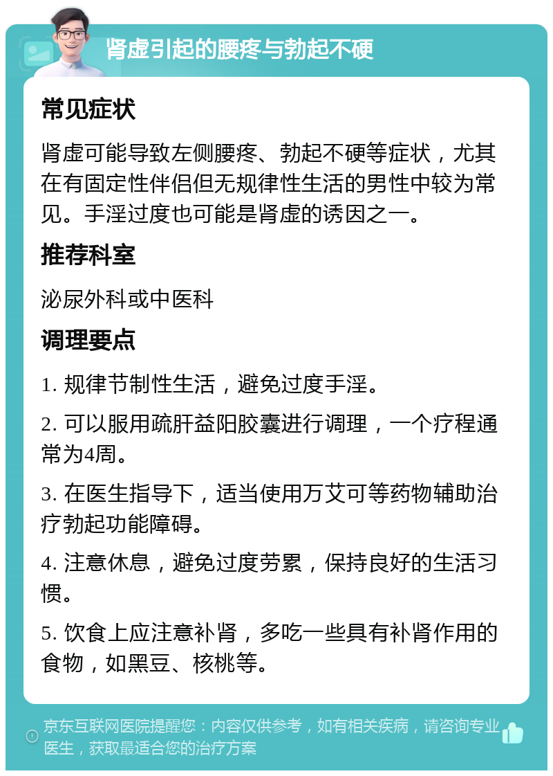 肾虚引起的腰疼与勃起不硬 常见症状 肾虚可能导致左侧腰疼、勃起不硬等症状，尤其在有固定性伴侣但无规律性生活的男性中较为常见。手淫过度也可能是肾虚的诱因之一。 推荐科室 泌尿外科或中医科 调理要点 1. 规律节制性生活，避免过度手淫。 2. 可以服用疏肝益阳胶囊进行调理，一个疗程通常为4周。 3. 在医生指导下，适当使用万艾可等药物辅助治疗勃起功能障碍。 4. 注意休息，避免过度劳累，保持良好的生活习惯。 5. 饮食上应注意补肾，多吃一些具有补肾作用的食物，如黑豆、核桃等。