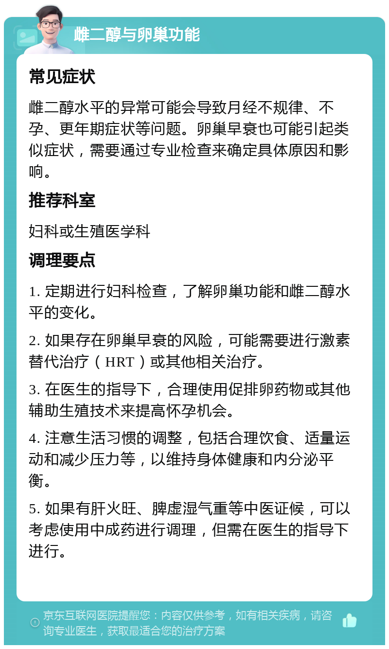 雌二醇与卵巢功能 常见症状 雌二醇水平的异常可能会导致月经不规律、不孕、更年期症状等问题。卵巢早衰也可能引起类似症状，需要通过专业检查来确定具体原因和影响。 推荐科室 妇科或生殖医学科 调理要点 1. 定期进行妇科检查，了解卵巢功能和雌二醇水平的变化。 2. 如果存在卵巢早衰的风险，可能需要进行激素替代治疗（HRT）或其他相关治疗。 3. 在医生的指导下，合理使用促排卵药物或其他辅助生殖技术来提高怀孕机会。 4. 注意生活习惯的调整，包括合理饮食、适量运动和减少压力等，以维持身体健康和内分泌平衡。 5. 如果有肝火旺、脾虚湿气重等中医证候，可以考虑使用中成药进行调理，但需在医生的指导下进行。