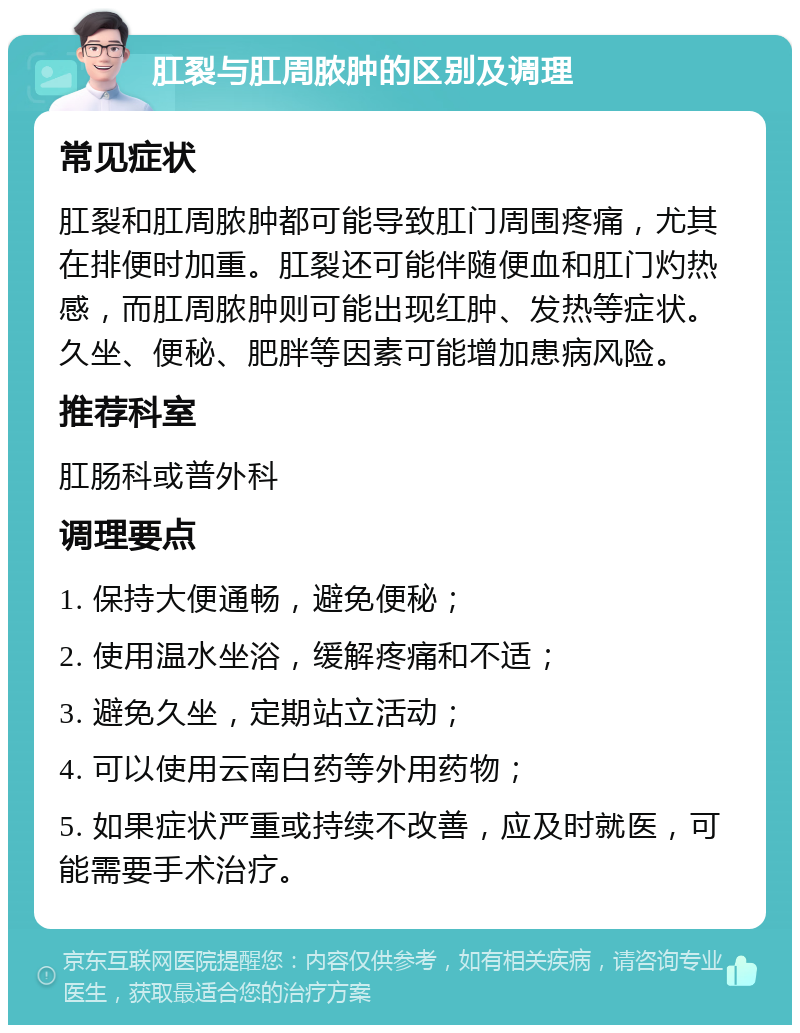 肛裂与肛周脓肿的区别及调理 常见症状 肛裂和肛周脓肿都可能导致肛门周围疼痛，尤其在排便时加重。肛裂还可能伴随便血和肛门灼热感，而肛周脓肿则可能出现红肿、发热等症状。久坐、便秘、肥胖等因素可能增加患病风险。 推荐科室 肛肠科或普外科 调理要点 1. 保持大便通畅，避免便秘； 2. 使用温水坐浴，缓解疼痛和不适； 3. 避免久坐，定期站立活动； 4. 可以使用云南白药等外用药物； 5. 如果症状严重或持续不改善，应及时就医，可能需要手术治疗。