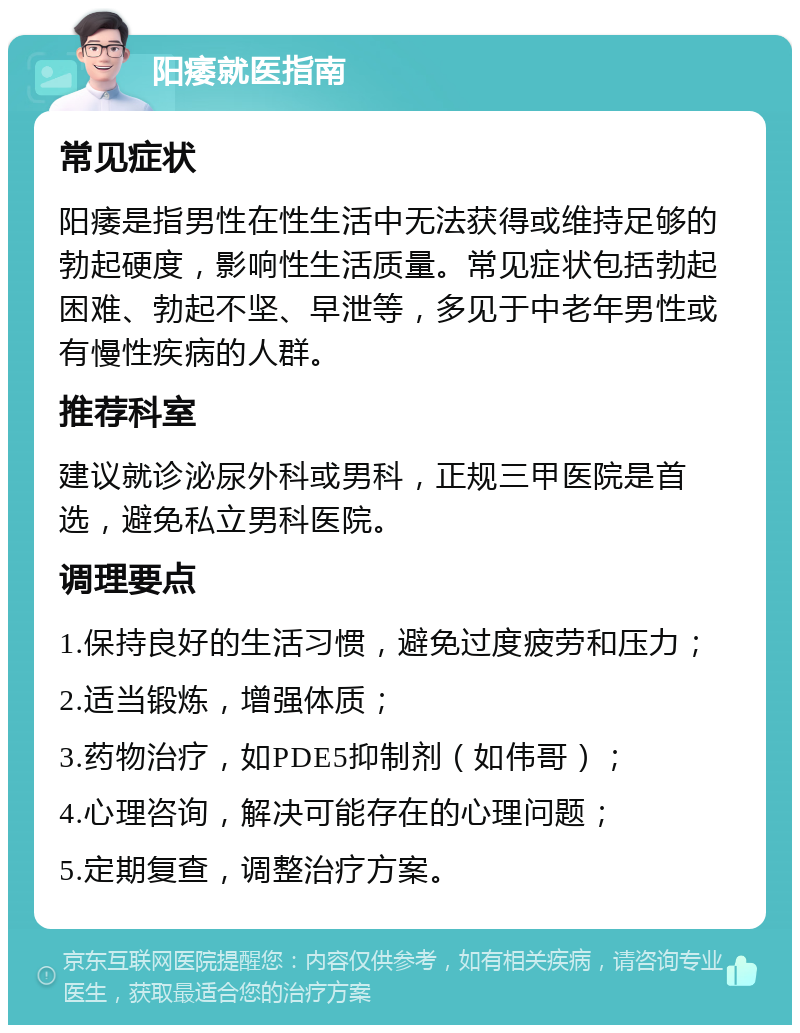 阳痿就医指南 常见症状 阳痿是指男性在性生活中无法获得或维持足够的勃起硬度，影响性生活质量。常见症状包括勃起困难、勃起不坚、早泄等，多见于中老年男性或有慢性疾病的人群。 推荐科室 建议就诊泌尿外科或男科，正规三甲医院是首选，避免私立男科医院。 调理要点 1.保持良好的生活习惯，避免过度疲劳和压力； 2.适当锻炼，增强体质； 3.药物治疗，如PDE5抑制剂（如伟哥）； 4.心理咨询，解决可能存在的心理问题； 5.定期复查，调整治疗方案。