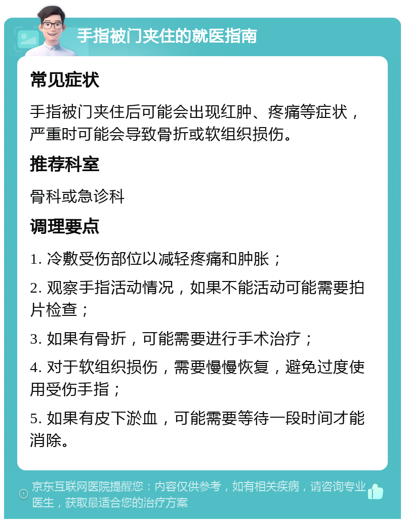 手指被门夹住的就医指南 常见症状 手指被门夹住后可能会出现红肿、疼痛等症状，严重时可能会导致骨折或软组织损伤。 推荐科室 骨科或急诊科 调理要点 1. 冷敷受伤部位以减轻疼痛和肿胀； 2. 观察手指活动情况，如果不能活动可能需要拍片检查； 3. 如果有骨折，可能需要进行手术治疗； 4. 对于软组织损伤，需要慢慢恢复，避免过度使用受伤手指； 5. 如果有皮下淤血，可能需要等待一段时间才能消除。