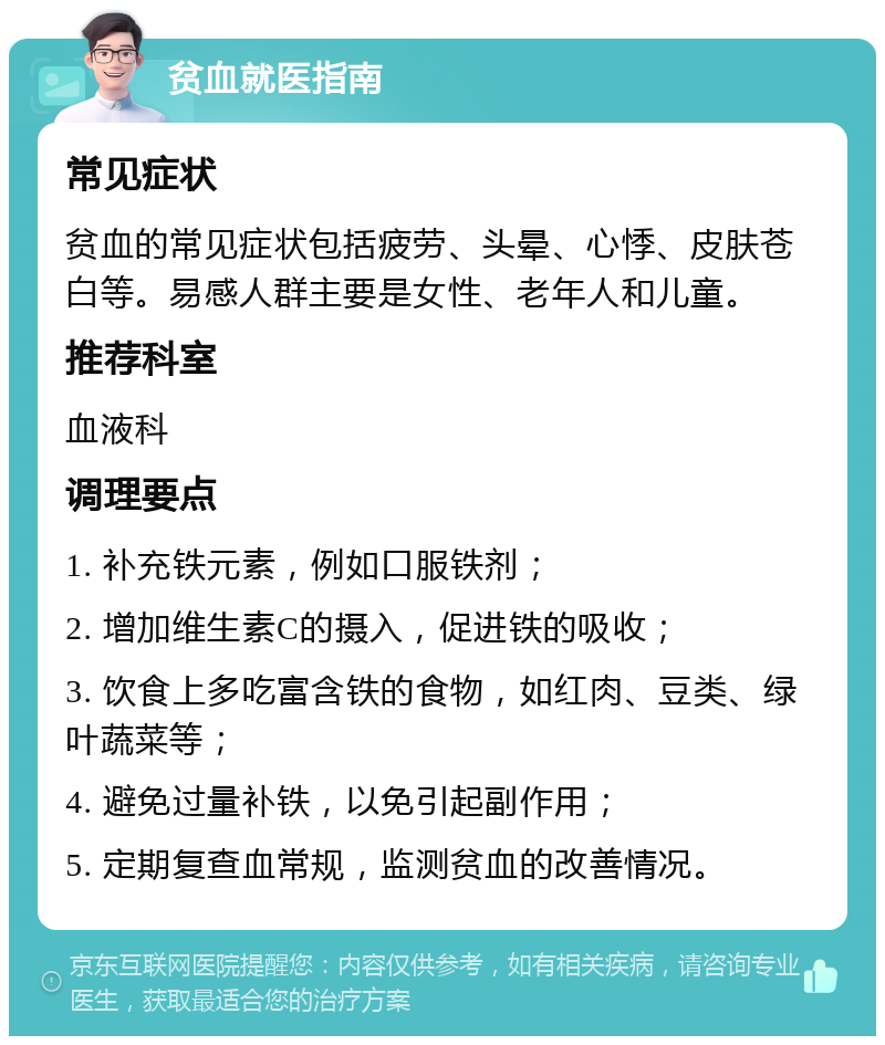 贫血就医指南 常见症状 贫血的常见症状包括疲劳、头晕、心悸、皮肤苍白等。易感人群主要是女性、老年人和儿童。 推荐科室 血液科 调理要点 1. 补充铁元素，例如口服铁剂； 2. 增加维生素C的摄入，促进铁的吸收； 3. 饮食上多吃富含铁的食物，如红肉、豆类、绿叶蔬菜等； 4. 避免过量补铁，以免引起副作用； 5. 定期复查血常规，监测贫血的改善情况。