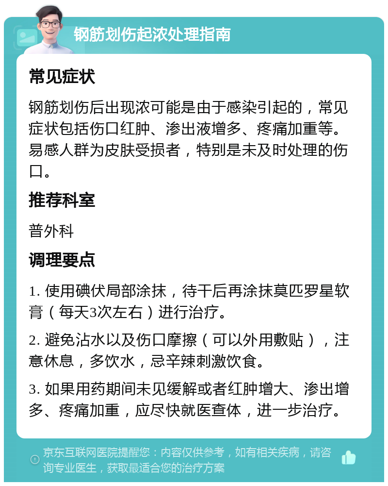 钢筋划伤起浓处理指南 常见症状 钢筋划伤后出现浓可能是由于感染引起的，常见症状包括伤口红肿、渗出液增多、疼痛加重等。易感人群为皮肤受损者，特别是未及时处理的伤口。 推荐科室 普外科 调理要点 1. 使用碘伏局部涂抹，待干后再涂抹莫匹罗星软膏（每天3次左右）进行治疗。 2. 避免沾水以及伤口摩擦（可以外用敷贴），注意休息，多饮水，忌辛辣刺激饮食。 3. 如果用药期间未见缓解或者红肿增大、渗出增多、疼痛加重，应尽快就医查体，进一步治疗。