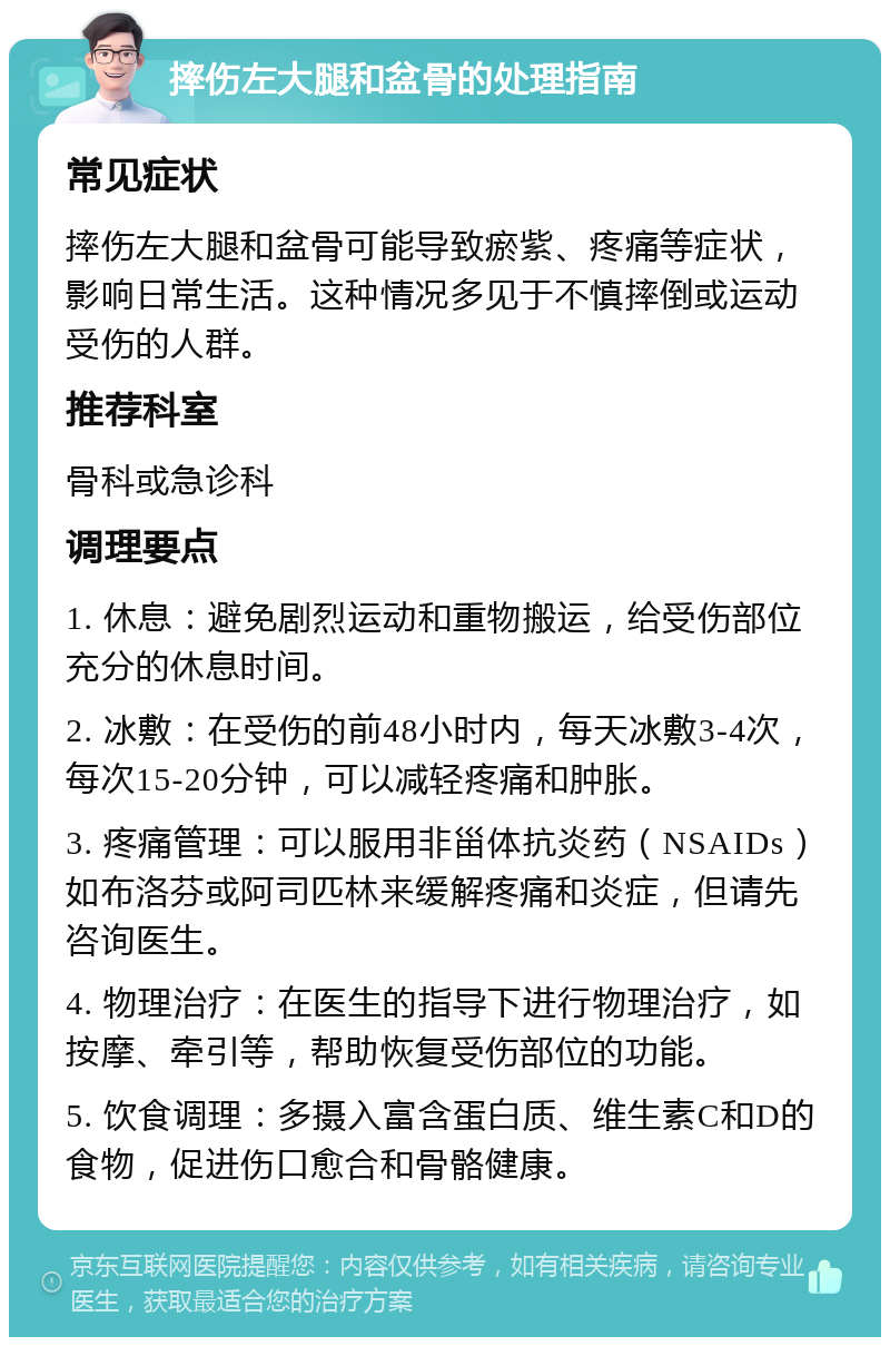 摔伤左大腿和盆骨的处理指南 常见症状 摔伤左大腿和盆骨可能导致瘀紫、疼痛等症状，影响日常生活。这种情况多见于不慎摔倒或运动受伤的人群。 推荐科室 骨科或急诊科 调理要点 1. 休息：避免剧烈运动和重物搬运，给受伤部位充分的休息时间。 2. 冰敷：在受伤的前48小时内，每天冰敷3-4次，每次15-20分钟，可以减轻疼痛和肿胀。 3. 疼痛管理：可以服用非甾体抗炎药（NSAIDs）如布洛芬或阿司匹林来缓解疼痛和炎症，但请先咨询医生。 4. 物理治疗：在医生的指导下进行物理治疗，如按摩、牵引等，帮助恢复受伤部位的功能。 5. 饮食调理：多摄入富含蛋白质、维生素C和D的食物，促进伤口愈合和骨骼健康。