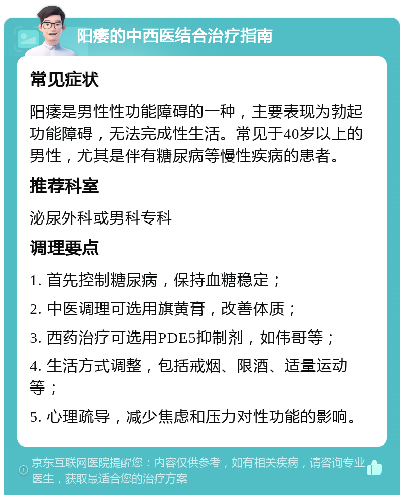 阳痿的中西医结合治疗指南 常见症状 阳痿是男性性功能障碍的一种，主要表现为勃起功能障碍，无法完成性生活。常见于40岁以上的男性，尤其是伴有糖尿病等慢性疾病的患者。 推荐科室 泌尿外科或男科专科 调理要点 1. 首先控制糖尿病，保持血糖稳定； 2. 中医调理可选用旗黄膏，改善体质； 3. 西药治疗可选用PDE5抑制剂，如伟哥等； 4. 生活方式调整，包括戒烟、限酒、适量运动等； 5. 心理疏导，减少焦虑和压力对性功能的影响。