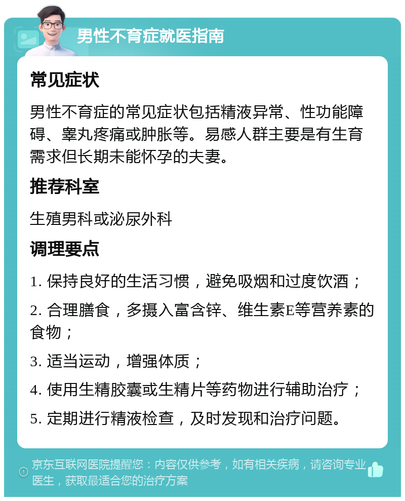 男性不育症就医指南 常见症状 男性不育症的常见症状包括精液异常、性功能障碍、睾丸疼痛或肿胀等。易感人群主要是有生育需求但长期未能怀孕的夫妻。 推荐科室 生殖男科或泌尿外科 调理要点 1. 保持良好的生活习惯，避免吸烟和过度饮酒； 2. 合理膳食，多摄入富含锌、维生素E等营养素的食物； 3. 适当运动，增强体质； 4. 使用生精胶囊或生精片等药物进行辅助治疗； 5. 定期进行精液检查，及时发现和治疗问题。