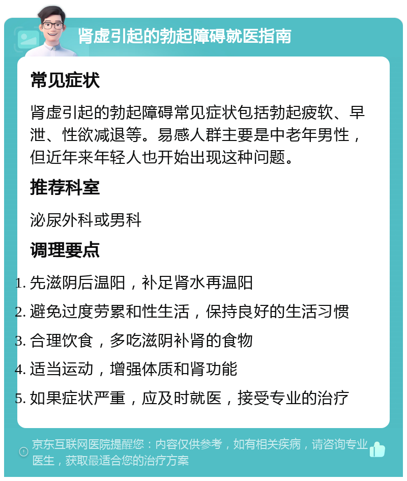 肾虚引起的勃起障碍就医指南 常见症状 肾虚引起的勃起障碍常见症状包括勃起疲软、早泄、性欲减退等。易感人群主要是中老年男性，但近年来年轻人也开始出现这种问题。 推荐科室 泌尿外科或男科 调理要点 先滋阴后温阳，补足肾水再温阳 避免过度劳累和性生活，保持良好的生活习惯 合理饮食，多吃滋阴补肾的食物 适当运动，增强体质和肾功能 如果症状严重，应及时就医，接受专业的治疗