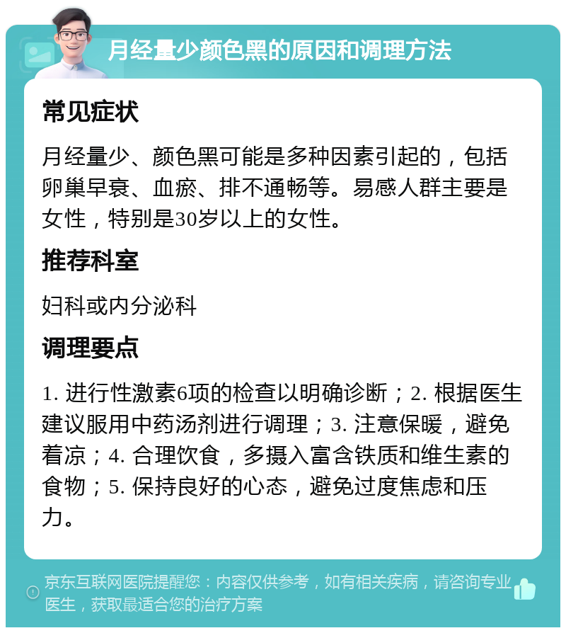 月经量少颜色黑的原因和调理方法 常见症状 月经量少、颜色黑可能是多种因素引起的，包括卵巢早衰、血瘀、排不通畅等。易感人群主要是女性，特别是30岁以上的女性。 推荐科室 妇科或内分泌科 调理要点 1. 进行性激素6项的检查以明确诊断；2. 根据医生建议服用中药汤剂进行调理；3. 注意保暖，避免着凉；4. 合理饮食，多摄入富含铁质和维生素的食物；5. 保持良好的心态，避免过度焦虑和压力。