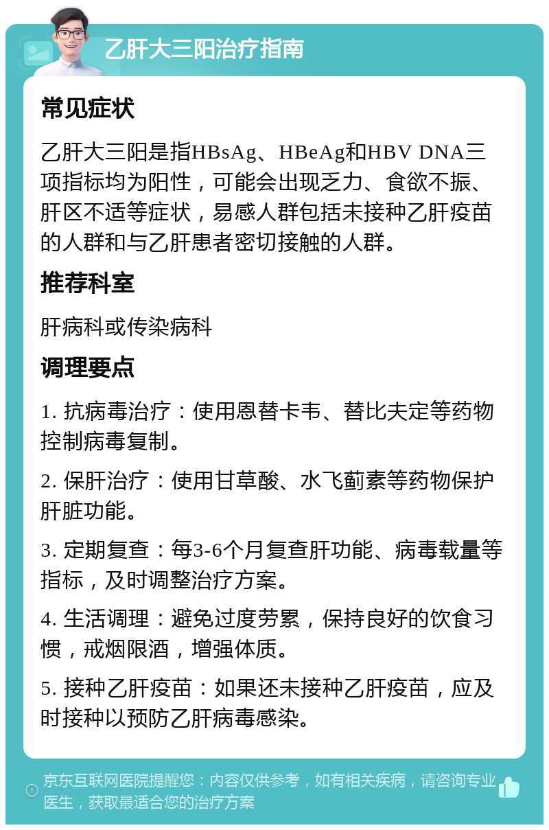 乙肝大三阳治疗指南 常见症状 乙肝大三阳是指HBsAg、HBeAg和HBV DNA三项指标均为阳性，可能会出现乏力、食欲不振、肝区不适等症状，易感人群包括未接种乙肝疫苗的人群和与乙肝患者密切接触的人群。 推荐科室 肝病科或传染病科 调理要点 1. 抗病毒治疗：使用恩替卡韦、替比夫定等药物控制病毒复制。 2. 保肝治疗：使用甘草酸、水飞蓟素等药物保护肝脏功能。 3. 定期复查：每3-6个月复查肝功能、病毒载量等指标，及时调整治疗方案。 4. 生活调理：避免过度劳累，保持良好的饮食习惯，戒烟限酒，增强体质。 5. 接种乙肝疫苗：如果还未接种乙肝疫苗，应及时接种以预防乙肝病毒感染。