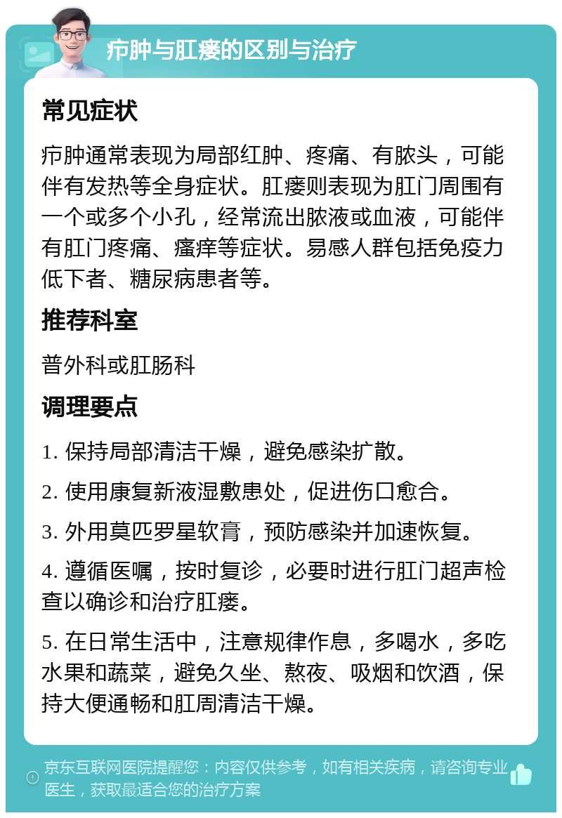 疖肿与肛瘘的区别与治疗 常见症状 疖肿通常表现为局部红肿、疼痛、有脓头，可能伴有发热等全身症状。肛瘘则表现为肛门周围有一个或多个小孔，经常流出脓液或血液，可能伴有肛门疼痛、瘙痒等症状。易感人群包括免疫力低下者、糖尿病患者等。 推荐科室 普外科或肛肠科 调理要点 1. 保持局部清洁干燥，避免感染扩散。 2. 使用康复新液湿敷患处，促进伤口愈合。 3. 外用莫匹罗星软膏，预防感染并加速恢复。 4. 遵循医嘱，按时复诊，必要时进行肛门超声检查以确诊和治疗肛瘘。 5. 在日常生活中，注意规律作息，多喝水，多吃水果和蔬菜，避免久坐、熬夜、吸烟和饮酒，保持大便通畅和肛周清洁干燥。