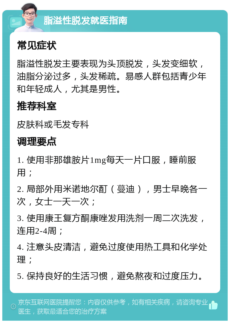 脂溢性脱发就医指南 常见症状 脂溢性脱发主要表现为头顶脱发，头发变细软，油脂分泌过多，头发稀疏。易感人群包括青少年和年轻成人，尤其是男性。 推荐科室 皮肤科或毛发专科 调理要点 1. 使用非那雄胺片1mg每天一片口服，睡前服用； 2. 局部外用米诺地尔酊（蔓迪），男士早晚各一次，女士一天一次； 3. 使用康王复方酮康唑发用洗剂一周二次洗发，连用2-4周； 4. 注意头皮清洁，避免过度使用热工具和化学处理； 5. 保持良好的生活习惯，避免熬夜和过度压力。