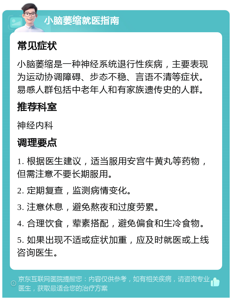 小脑萎缩就医指南 常见症状 小脑萎缩是一种神经系统退行性疾病，主要表现为运动协调障碍、步态不稳、言语不清等症状。易感人群包括中老年人和有家族遗传史的人群。 推荐科室 神经内科 调理要点 1. 根据医生建议，适当服用安宫牛黄丸等药物，但需注意不要长期服用。 2. 定期复查，监测病情变化。 3. 注意休息，避免熬夜和过度劳累。 4. 合理饮食，荤素搭配，避免偏食和生冷食物。 5. 如果出现不适或症状加重，应及时就医或上线咨询医生。