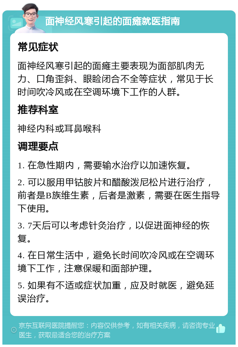 面神经风寒引起的面瘫就医指南 常见症状 面神经风寒引起的面瘫主要表现为面部肌肉无力、口角歪斜、眼睑闭合不全等症状，常见于长时间吹冷风或在空调环境下工作的人群。 推荐科室 神经内科或耳鼻喉科 调理要点 1. 在急性期内，需要输水治疗以加速恢复。 2. 可以服用甲钴胺片和醋酸泼尼松片进行治疗，前者是B族维生素，后者是激素，需要在医生指导下使用。 3. 7天后可以考虑针灸治疗，以促进面神经的恢复。 4. 在日常生活中，避免长时间吹冷风或在空调环境下工作，注意保暖和面部护理。 5. 如果有不适或症状加重，应及时就医，避免延误治疗。