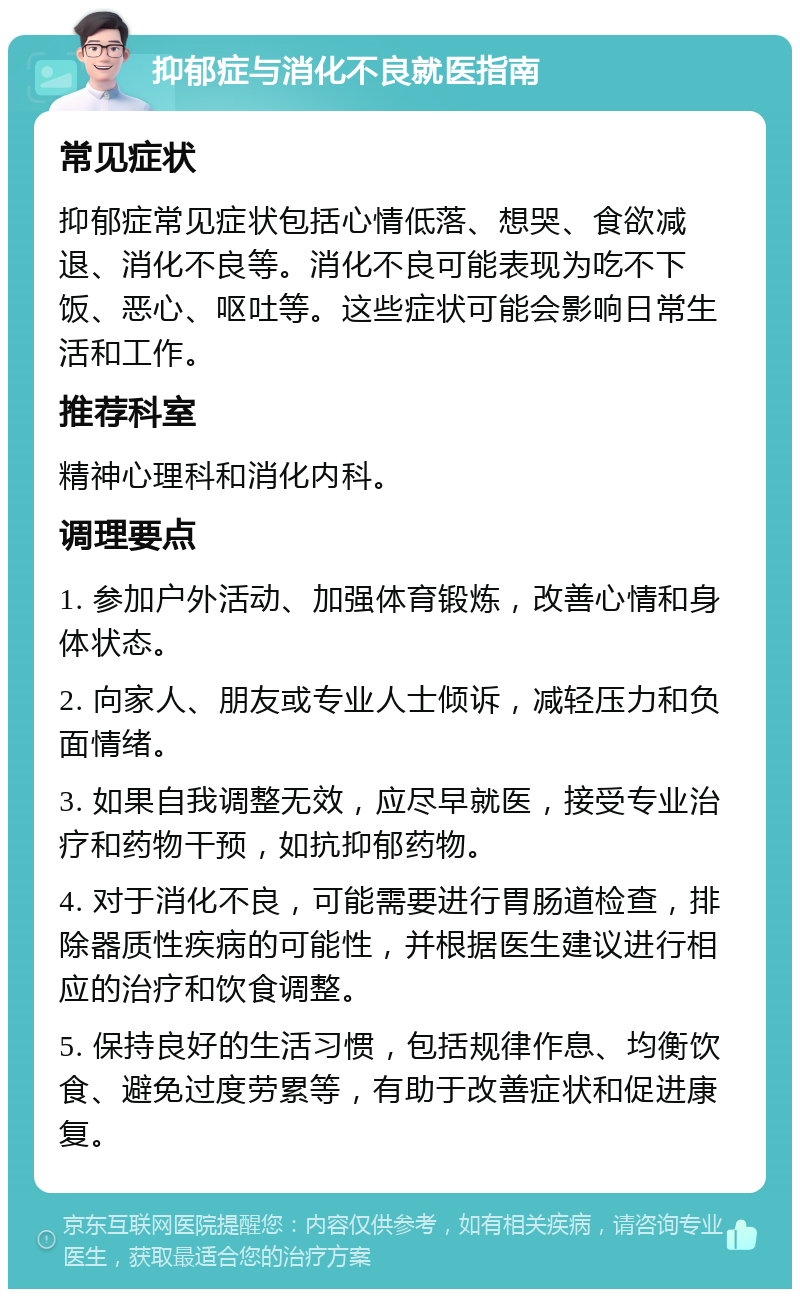 抑郁症与消化不良就医指南 常见症状 抑郁症常见症状包括心情低落、想哭、食欲减退、消化不良等。消化不良可能表现为吃不下饭、恶心、呕吐等。这些症状可能会影响日常生活和工作。 推荐科室 精神心理科和消化内科。 调理要点 1. 参加户外活动、加强体育锻炼，改善心情和身体状态。 2. 向家人、朋友或专业人士倾诉，减轻压力和负面情绪。 3. 如果自我调整无效，应尽早就医，接受专业治疗和药物干预，如抗抑郁药物。 4. 对于消化不良，可能需要进行胃肠道检查，排除器质性疾病的可能性，并根据医生建议进行相应的治疗和饮食调整。 5. 保持良好的生活习惯，包括规律作息、均衡饮食、避免过度劳累等，有助于改善症状和促进康复。