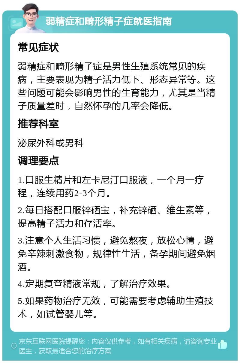 弱精症和畸形精子症就医指南 常见症状 弱精症和畸形精子症是男性生殖系统常见的疾病，主要表现为精子活力低下、形态异常等。这些问题可能会影响男性的生育能力，尤其是当精子质量差时，自然怀孕的几率会降低。 推荐科室 泌尿外科或男科 调理要点 1.口服生精片和左卡尼汀口服液，一个月一疗程，连续用药2-3个月。 2.每日搭配口服锌硒宝，补充锌硒、维生素等，提高精子活力和存活率。 3.注意个人生活习惯，避免熬夜，放松心情，避免辛辣刺激食物，规律性生活，备孕期间避免烟酒。 4.定期复查精液常规，了解治疗效果。 5.如果药物治疗无效，可能需要考虑辅助生殖技术，如试管婴儿等。