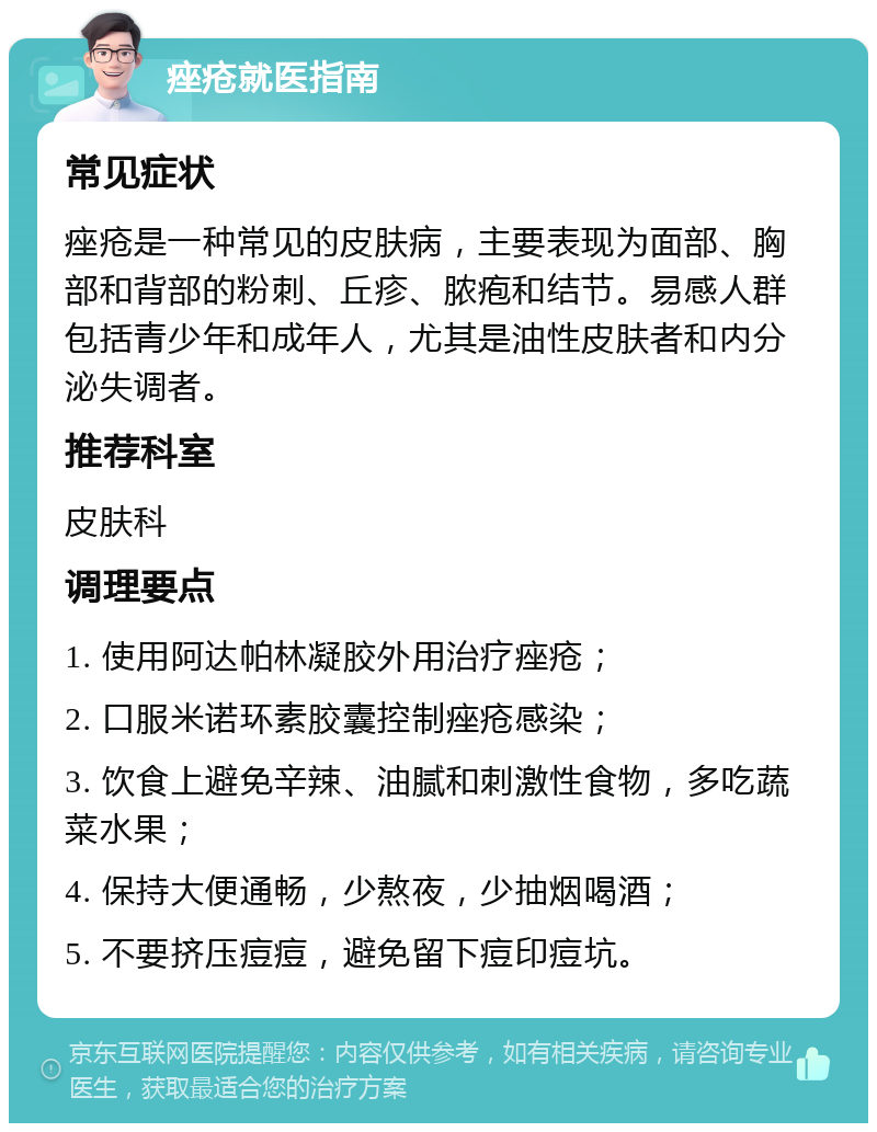 痤疮就医指南 常见症状 痤疮是一种常见的皮肤病，主要表现为面部、胸部和背部的粉刺、丘疹、脓疱和结节。易感人群包括青少年和成年人，尤其是油性皮肤者和内分泌失调者。 推荐科室 皮肤科 调理要点 1. 使用阿达帕林凝胶外用治疗痤疮； 2. 口服米诺环素胶囊控制痤疮感染； 3. 饮食上避免辛辣、油腻和刺激性食物，多吃蔬菜水果； 4. 保持大便通畅，少熬夜，少抽烟喝酒； 5. 不要挤压痘痘，避免留下痘印痘坑。