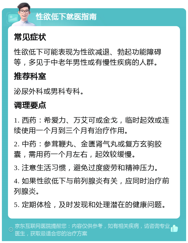 性欲低下就医指南 常见症状 性欲低下可能表现为性欲减退、勃起功能障碍等，多见于中老年男性或有慢性疾病的人群。 推荐科室 泌尿外科或男科专科。 调理要点 1. 西药：希爱力、万艾可或金戈，临时起效或连续使用一个月到三个月有治疗作用。 2. 中药：参茸鞭丸、金匮肾气丸或复方玄驹胶囊，需用药一个月左右，起效较缓慢。 3. 注意生活习惯，避免过度疲劳和精神压力。 4. 如果性欲低下与前列腺炎有关，应同时治疗前列腺炎。 5. 定期体检，及时发现和处理潜在的健康问题。