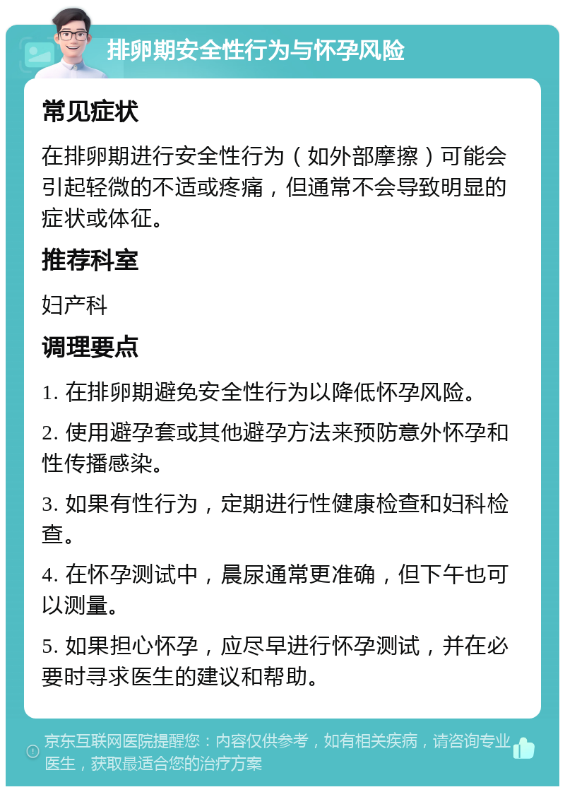 排卵期安全性行为与怀孕风险 常见症状 在排卵期进行安全性行为（如外部摩擦）可能会引起轻微的不适或疼痛，但通常不会导致明显的症状或体征。 推荐科室 妇产科 调理要点 1. 在排卵期避免安全性行为以降低怀孕风险。 2. 使用避孕套或其他避孕方法来预防意外怀孕和性传播感染。 3. 如果有性行为，定期进行性健康检查和妇科检查。 4. 在怀孕测试中，晨尿通常更准确，但下午也可以测量。 5. 如果担心怀孕，应尽早进行怀孕测试，并在必要时寻求医生的建议和帮助。