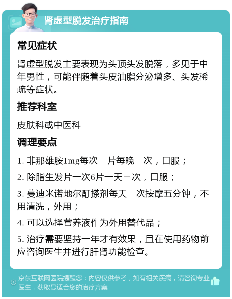 肾虚型脱发治疗指南 常见症状 肾虚型脱发主要表现为头顶头发脱落，多见于中年男性，可能伴随着头皮油脂分泌增多、头发稀疏等症状。 推荐科室 皮肤科或中医科 调理要点 1. 非那雄胺1mg每次一片每晚一次，口服； 2. 除脂生发片一次6片一天三次，口服； 3. 蔓迪米诺地尔酊搽剂每天一次按摩五分钟，不用清洗，外用； 4. 可以选择营养液作为外用替代品； 5. 治疗需要坚持一年才有效果，且在使用药物前应咨询医生并进行肝肾功能检查。