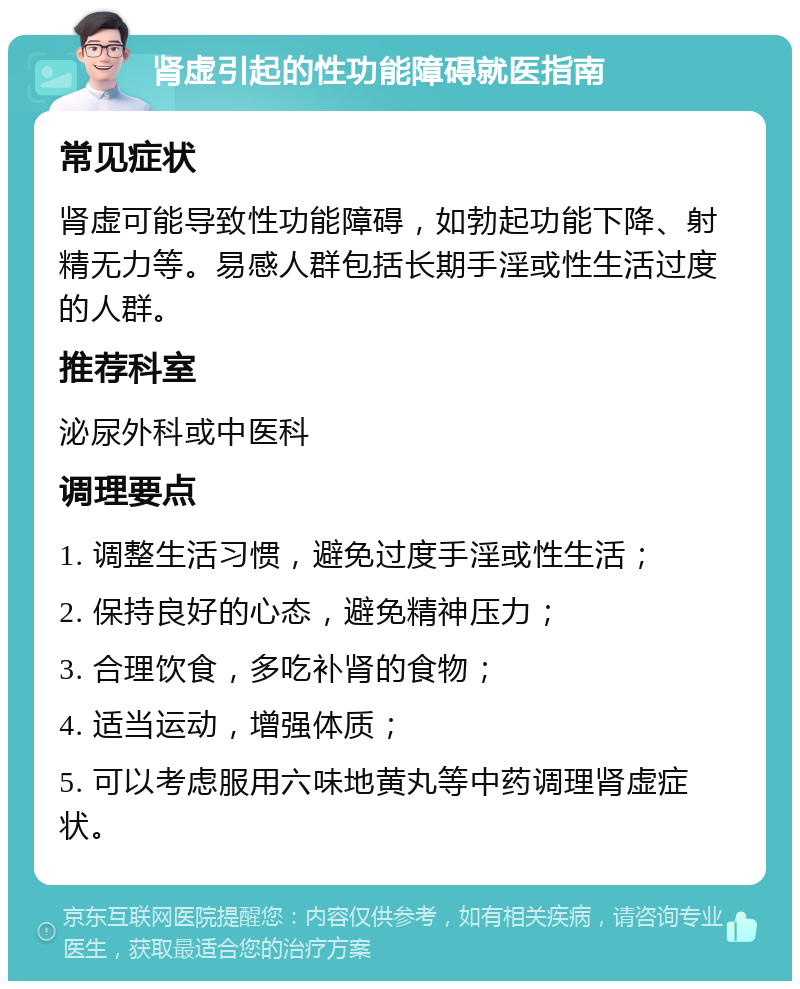 肾虚引起的性功能障碍就医指南 常见症状 肾虚可能导致性功能障碍，如勃起功能下降、射精无力等。易感人群包括长期手淫或性生活过度的人群。 推荐科室 泌尿外科或中医科 调理要点 1. 调整生活习惯，避免过度手淫或性生活； 2. 保持良好的心态，避免精神压力； 3. 合理饮食，多吃补肾的食物； 4. 适当运动，增强体质； 5. 可以考虑服用六味地黄丸等中药调理肾虚症状。