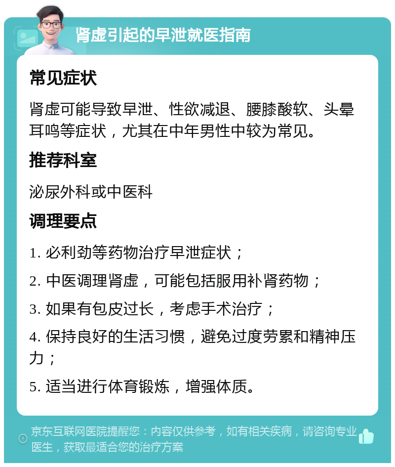 肾虚引起的早泄就医指南 常见症状 肾虚可能导致早泄、性欲减退、腰膝酸软、头晕耳鸣等症状，尤其在中年男性中较为常见。 推荐科室 泌尿外科或中医科 调理要点 1. 必利劲等药物治疗早泄症状； 2. 中医调理肾虚，可能包括服用补肾药物； 3. 如果有包皮过长，考虑手术治疗； 4. 保持良好的生活习惯，避免过度劳累和精神压力； 5. 适当进行体育锻炼，增强体质。