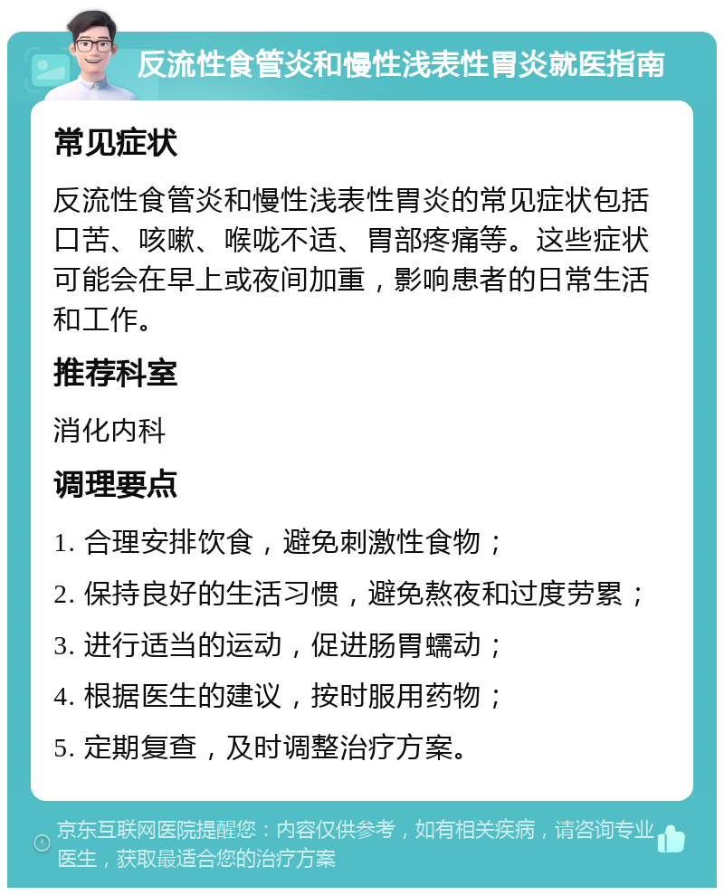 反流性食管炎和慢性浅表性胃炎就医指南 常见症状 反流性食管炎和慢性浅表性胃炎的常见症状包括口苦、咳嗽、喉咙不适、胃部疼痛等。这些症状可能会在早上或夜间加重，影响患者的日常生活和工作。 推荐科室 消化内科 调理要点 1. 合理安排饮食，避免刺激性食物； 2. 保持良好的生活习惯，避免熬夜和过度劳累； 3. 进行适当的运动，促进肠胃蠕动； 4. 根据医生的建议，按时服用药物； 5. 定期复查，及时调整治疗方案。