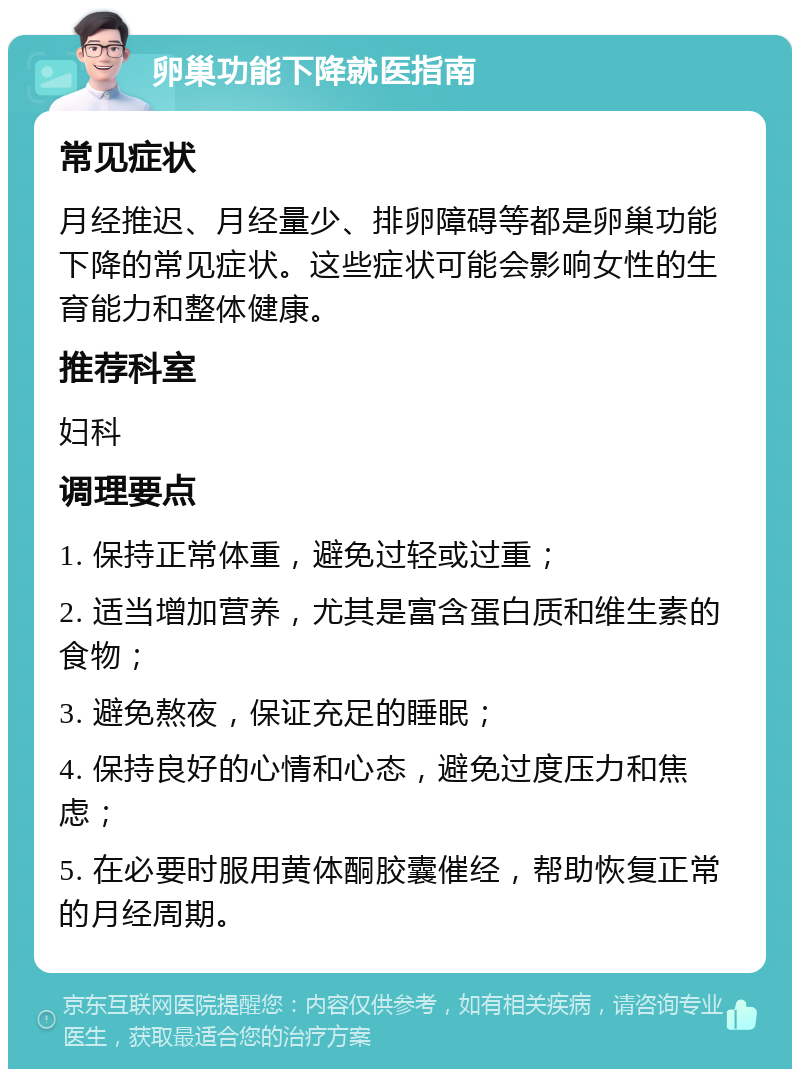 卵巢功能下降就医指南 常见症状 月经推迟、月经量少、排卵障碍等都是卵巢功能下降的常见症状。这些症状可能会影响女性的生育能力和整体健康。 推荐科室 妇科 调理要点 1. 保持正常体重，避免过轻或过重； 2. 适当增加营养，尤其是富含蛋白质和维生素的食物； 3. 避免熬夜，保证充足的睡眠； 4. 保持良好的心情和心态，避免过度压力和焦虑； 5. 在必要时服用黄体酮胶囊催经，帮助恢复正常的月经周期。