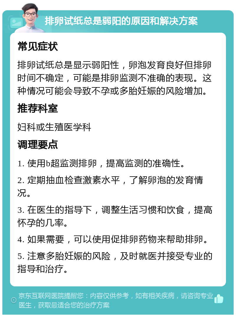 排卵试纸总是弱阳的原因和解决方案 常见症状 排卵试纸总是显示弱阳性，卵泡发育良好但排卵时间不确定，可能是排卵监测不准确的表现。这种情况可能会导致不孕或多胎妊娠的风险增加。 推荐科室 妇科或生殖医学科 调理要点 1. 使用b超监测排卵，提高监测的准确性。 2. 定期抽血检查激素水平，了解卵泡的发育情况。 3. 在医生的指导下，调整生活习惯和饮食，提高怀孕的几率。 4. 如果需要，可以使用促排卵药物来帮助排卵。 5. 注意多胎妊娠的风险，及时就医并接受专业的指导和治疗。