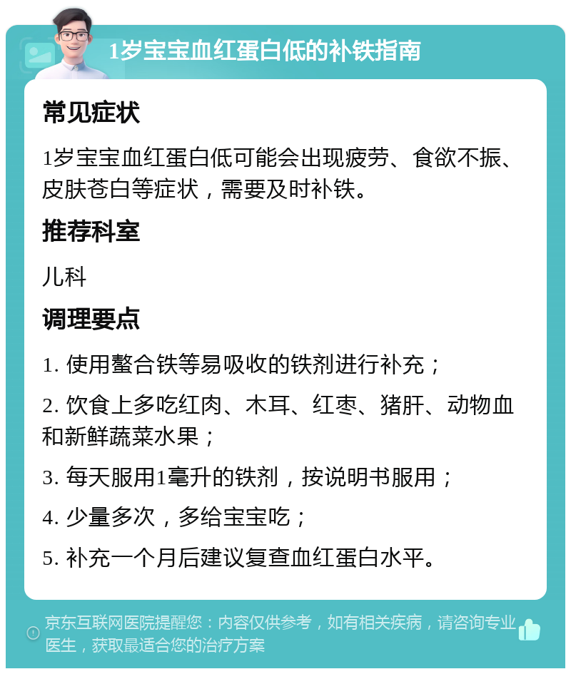 1岁宝宝血红蛋白低的补铁指南 常见症状 1岁宝宝血红蛋白低可能会出现疲劳、食欲不振、皮肤苍白等症状，需要及时补铁。 推荐科室 儿科 调理要点 1. 使用螯合铁等易吸收的铁剂进行补充； 2. 饮食上多吃红肉、木耳、红枣、猪肝、动物血和新鲜蔬菜水果； 3. 每天服用1毫升的铁剂，按说明书服用； 4. 少量多次，多给宝宝吃； 5. 补充一个月后建议复查血红蛋白水平。