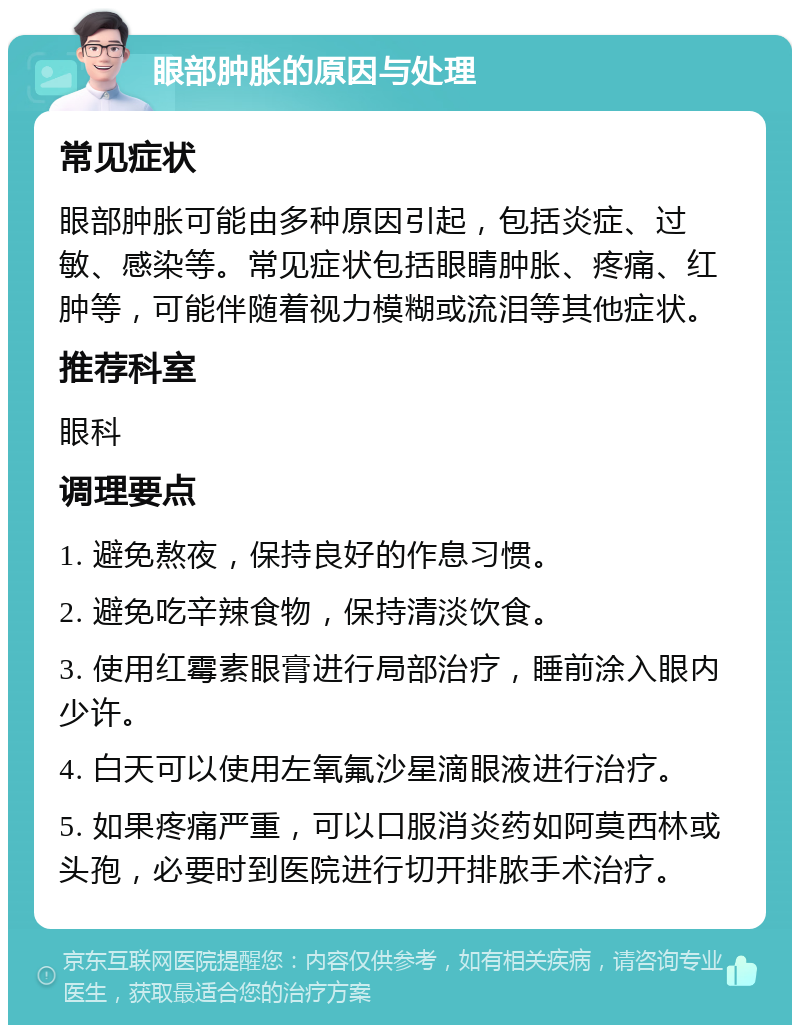 眼部肿胀的原因与处理 常见症状 眼部肿胀可能由多种原因引起，包括炎症、过敏、感染等。常见症状包括眼睛肿胀、疼痛、红肿等，可能伴随着视力模糊或流泪等其他症状。 推荐科室 眼科 调理要点 1. 避免熬夜，保持良好的作息习惯。 2. 避免吃辛辣食物，保持清淡饮食。 3. 使用红霉素眼膏进行局部治疗，睡前涂入眼内少许。 4. 白天可以使用左氧氟沙星滴眼液进行治疗。 5. 如果疼痛严重，可以口服消炎药如阿莫西林或头孢，必要时到医院进行切开排脓手术治疗。