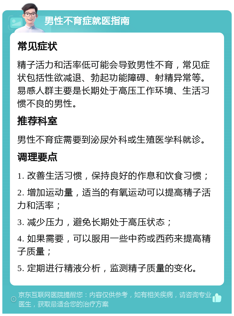 男性不育症就医指南 常见症状 精子活力和活率低可能会导致男性不育，常见症状包括性欲减退、勃起功能障碍、射精异常等。易感人群主要是长期处于高压工作环境、生活习惯不良的男性。 推荐科室 男性不育症需要到泌尿外科或生殖医学科就诊。 调理要点 1. 改善生活习惯，保持良好的作息和饮食习惯； 2. 增加运动量，适当的有氧运动可以提高精子活力和活率； 3. 减少压力，避免长期处于高压状态； 4. 如果需要，可以服用一些中药或西药来提高精子质量； 5. 定期进行精液分析，监测精子质量的变化。