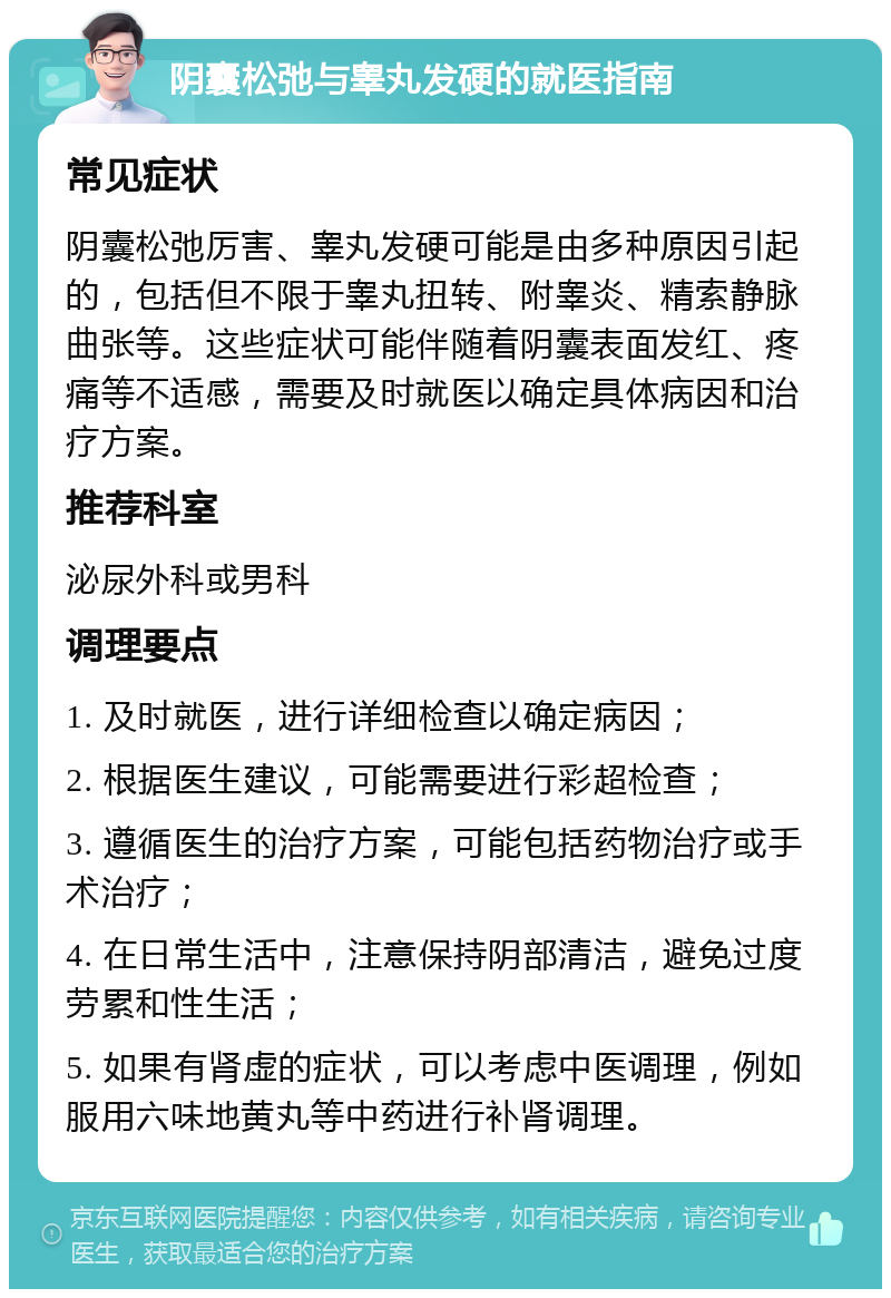 阴囊松弛与睾丸发硬的就医指南 常见症状 阴囊松弛厉害、睾丸发硬可能是由多种原因引起的，包括但不限于睾丸扭转、附睾炎、精索静脉曲张等。这些症状可能伴随着阴囊表面发红、疼痛等不适感，需要及时就医以确定具体病因和治疗方案。 推荐科室 泌尿外科或男科 调理要点 1. 及时就医，进行详细检查以确定病因； 2. 根据医生建议，可能需要进行彩超检查； 3. 遵循医生的治疗方案，可能包括药物治疗或手术治疗； 4. 在日常生活中，注意保持阴部清洁，避免过度劳累和性生活； 5. 如果有肾虚的症状，可以考虑中医调理，例如服用六味地黄丸等中药进行补肾调理。