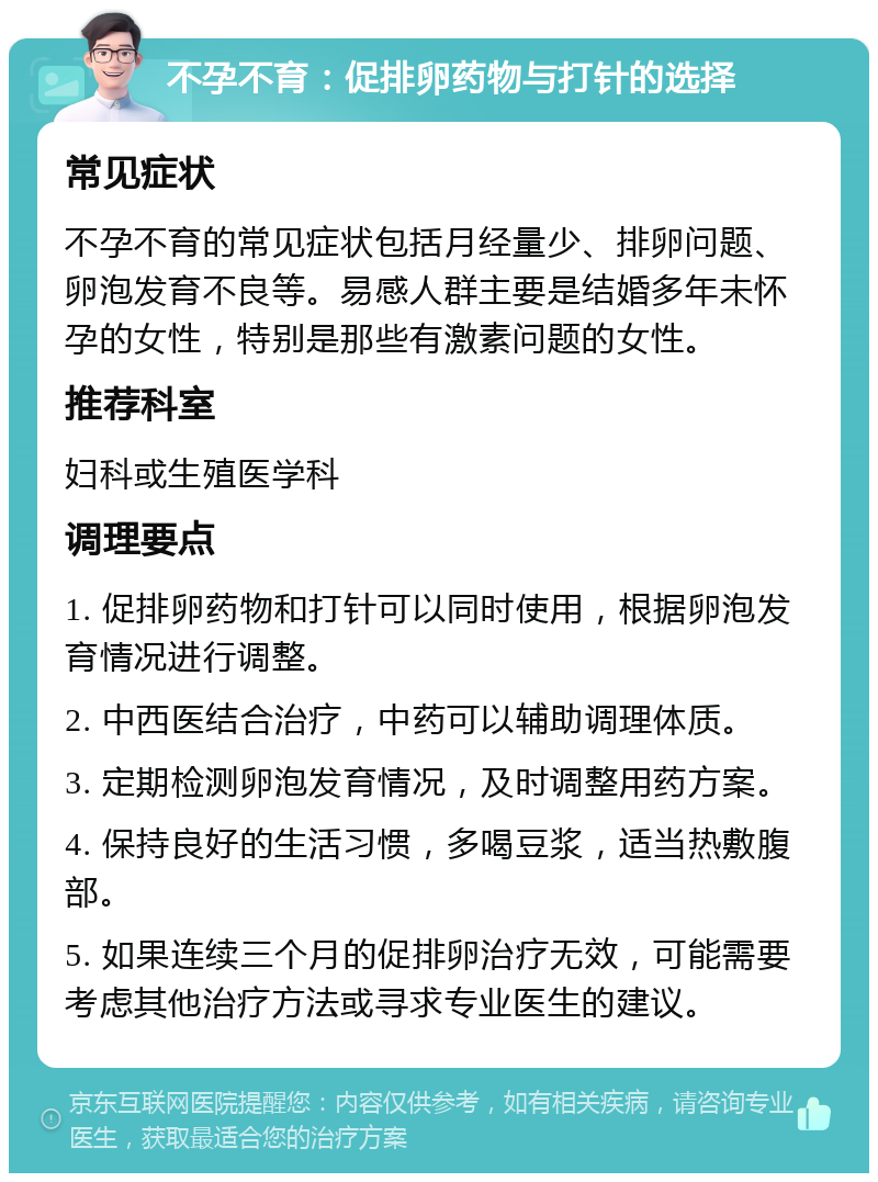 不孕不育：促排卵药物与打针的选择 常见症状 不孕不育的常见症状包括月经量少、排卵问题、卵泡发育不良等。易感人群主要是结婚多年未怀孕的女性，特别是那些有激素问题的女性。 推荐科室 妇科或生殖医学科 调理要点 1. 促排卵药物和打针可以同时使用，根据卵泡发育情况进行调整。 2. 中西医结合治疗，中药可以辅助调理体质。 3. 定期检测卵泡发育情况，及时调整用药方案。 4. 保持良好的生活习惯，多喝豆浆，适当热敷腹部。 5. 如果连续三个月的促排卵治疗无效，可能需要考虑其他治疗方法或寻求专业医生的建议。