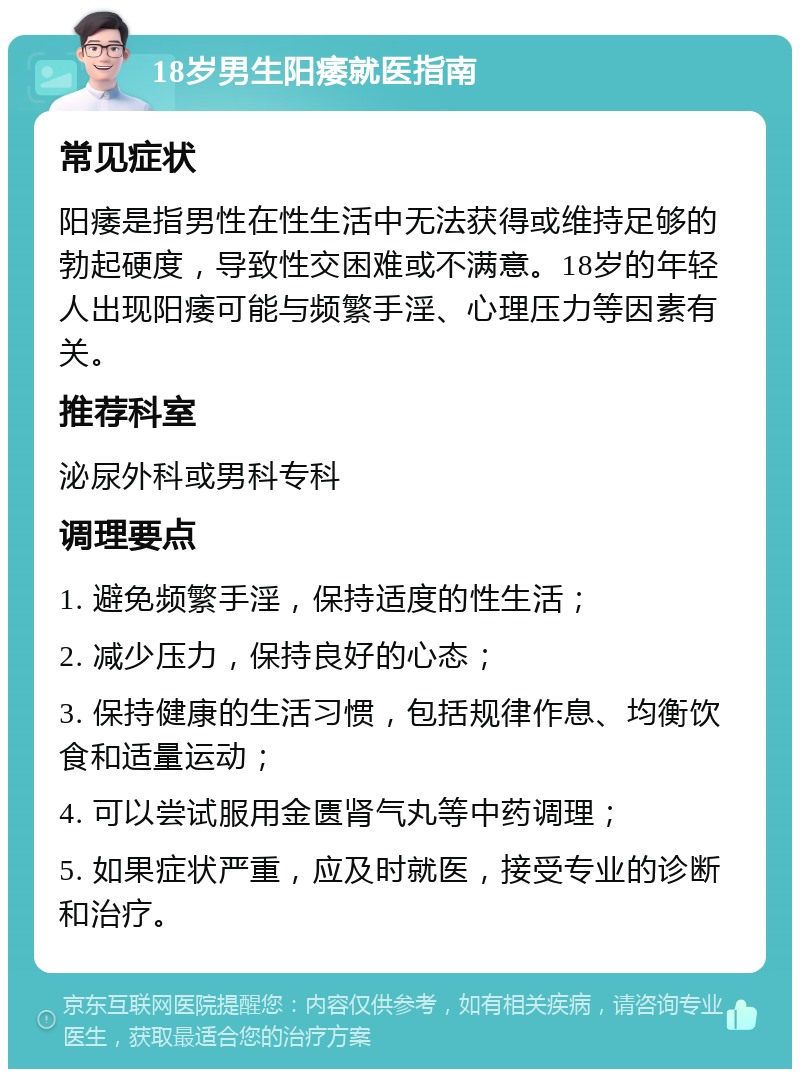 18岁男生阳痿就医指南 常见症状 阳痿是指男性在性生活中无法获得或维持足够的勃起硬度，导致性交困难或不满意。18岁的年轻人出现阳痿可能与频繁手淫、心理压力等因素有关。 推荐科室 泌尿外科或男科专科 调理要点 1. 避免频繁手淫，保持适度的性生活； 2. 减少压力，保持良好的心态； 3. 保持健康的生活习惯，包括规律作息、均衡饮食和适量运动； 4. 可以尝试服用金匮肾气丸等中药调理； 5. 如果症状严重，应及时就医，接受专业的诊断和治疗。