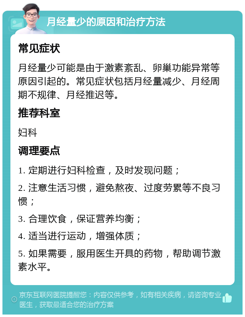 月经量少的原因和治疗方法 常见症状 月经量少可能是由于激素紊乱、卵巢功能异常等原因引起的。常见症状包括月经量减少、月经周期不规律、月经推迟等。 推荐科室 妇科 调理要点 1. 定期进行妇科检查，及时发现问题； 2. 注意生活习惯，避免熬夜、过度劳累等不良习惯； 3. 合理饮食，保证营养均衡； 4. 适当进行运动，增强体质； 5. 如果需要，服用医生开具的药物，帮助调节激素水平。