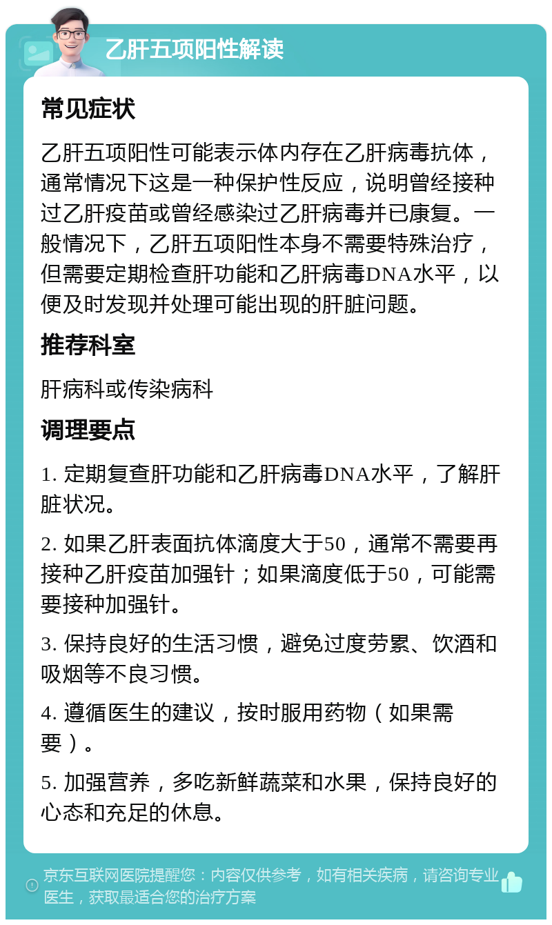 乙肝五项阳性解读 常见症状 乙肝五项阳性可能表示体内存在乙肝病毒抗体，通常情况下这是一种保护性反应，说明曾经接种过乙肝疫苗或曾经感染过乙肝病毒并已康复。一般情况下，乙肝五项阳性本身不需要特殊治疗，但需要定期检查肝功能和乙肝病毒DNA水平，以便及时发现并处理可能出现的肝脏问题。 推荐科室 肝病科或传染病科 调理要点 1. 定期复查肝功能和乙肝病毒DNA水平，了解肝脏状况。 2. 如果乙肝表面抗体滴度大于50，通常不需要再接种乙肝疫苗加强针；如果滴度低于50，可能需要接种加强针。 3. 保持良好的生活习惯，避免过度劳累、饮酒和吸烟等不良习惯。 4. 遵循医生的建议，按时服用药物（如果需要）。 5. 加强营养，多吃新鲜蔬菜和水果，保持良好的心态和充足的休息。