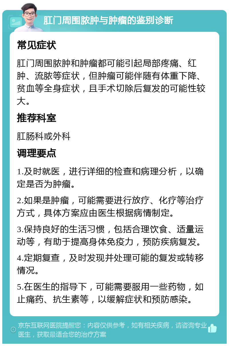 肛门周围脓肿与肿瘤的鉴别诊断 常见症状 肛门周围脓肿和肿瘤都可能引起局部疼痛、红肿、流脓等症状，但肿瘤可能伴随有体重下降、贫血等全身症状，且手术切除后复发的可能性较大。 推荐科室 肛肠科或外科 调理要点 1.及时就医，进行详细的检查和病理分析，以确定是否为肿瘤。 2.如果是肿瘤，可能需要进行放疗、化疗等治疗方式，具体方案应由医生根据病情制定。 3.保持良好的生活习惯，包括合理饮食、适量运动等，有助于提高身体免疫力，预防疾病复发。 4.定期复查，及时发现并处理可能的复发或转移情况。 5.在医生的指导下，可能需要服用一些药物，如止痛药、抗生素等，以缓解症状和预防感染。