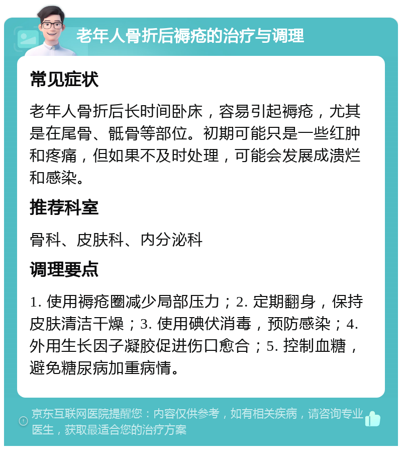 老年人骨折后褥疮的治疗与调理 常见症状 老年人骨折后长时间卧床，容易引起褥疮，尤其是在尾骨、骶骨等部位。初期可能只是一些红肿和疼痛，但如果不及时处理，可能会发展成溃烂和感染。 推荐科室 骨科、皮肤科、内分泌科 调理要点 1. 使用褥疮圈减少局部压力；2. 定期翻身，保持皮肤清洁干燥；3. 使用碘伏消毒，预防感染；4. 外用生长因子凝胶促进伤口愈合；5. 控制血糖，避免糖尿病加重病情。