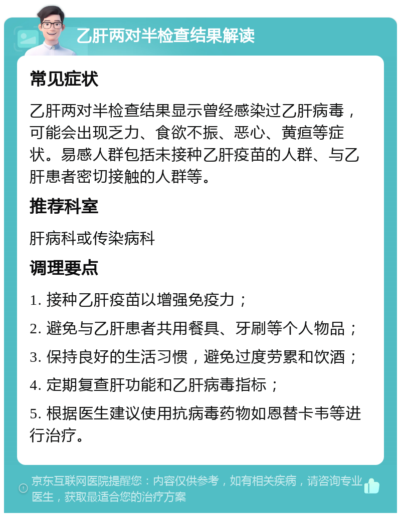 乙肝两对半检查结果解读 常见症状 乙肝两对半检查结果显示曾经感染过乙肝病毒，可能会出现乏力、食欲不振、恶心、黄疸等症状。易感人群包括未接种乙肝疫苗的人群、与乙肝患者密切接触的人群等。 推荐科室 肝病科或传染病科 调理要点 1. 接种乙肝疫苗以增强免疫力； 2. 避免与乙肝患者共用餐具、牙刷等个人物品； 3. 保持良好的生活习惯，避免过度劳累和饮酒； 4. 定期复查肝功能和乙肝病毒指标； 5. 根据医生建议使用抗病毒药物如恩替卡韦等进行治疗。