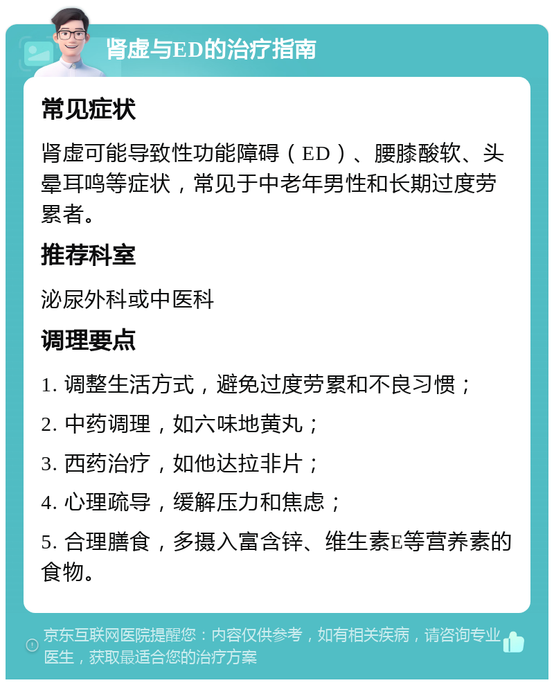 肾虚与ED的治疗指南 常见症状 肾虚可能导致性功能障碍（ED）、腰膝酸软、头晕耳鸣等症状，常见于中老年男性和长期过度劳累者。 推荐科室 泌尿外科或中医科 调理要点 1. 调整生活方式，避免过度劳累和不良习惯； 2. 中药调理，如六味地黄丸； 3. 西药治疗，如他达拉非片； 4. 心理疏导，缓解压力和焦虑； 5. 合理膳食，多摄入富含锌、维生素E等营养素的食物。