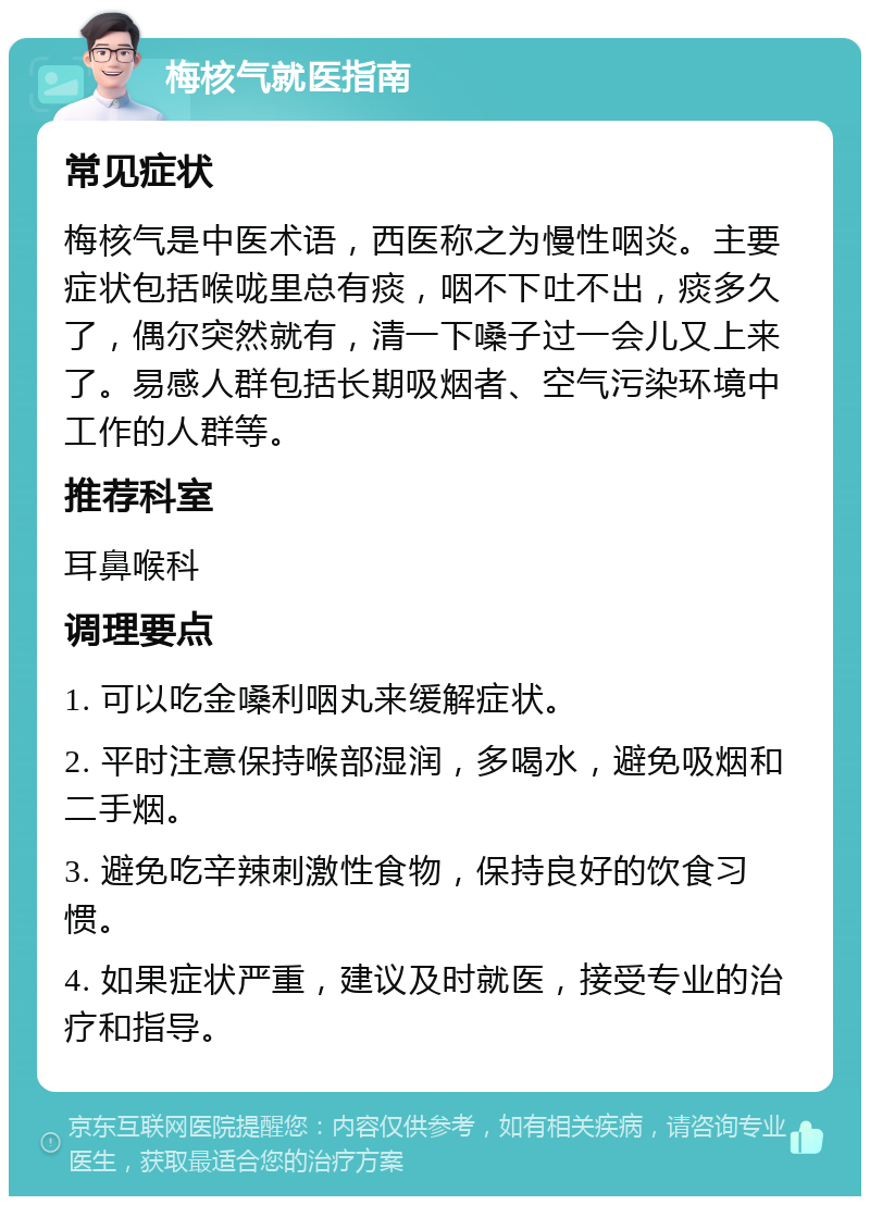 梅核气就医指南 常见症状 梅核气是中医术语，西医称之为慢性咽炎。主要症状包括喉咙里总有痰，咽不下吐不出，痰多久了，偶尔突然就有，清一下嗓子过一会儿又上来了。易感人群包括长期吸烟者、空气污染环境中工作的人群等。 推荐科室 耳鼻喉科 调理要点 1. 可以吃金嗓利咽丸来缓解症状。 2. 平时注意保持喉部湿润，多喝水，避免吸烟和二手烟。 3. 避免吃辛辣刺激性食物，保持良好的饮食习惯。 4. 如果症状严重，建议及时就医，接受专业的治疗和指导。