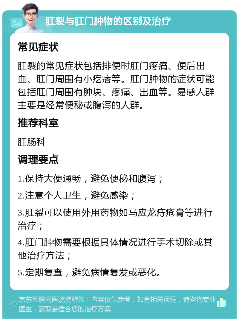 肛裂与肛门肿物的区别及治疗 常见症状 肛裂的常见症状包括排便时肛门疼痛、便后出血、肛门周围有小疙瘩等。肛门肿物的症状可能包括肛门周围有肿块、疼痛、出血等。易感人群主要是经常便秘或腹泻的人群。 推荐科室 肛肠科 调理要点 1.保持大便通畅，避免便秘和腹泻； 2.注意个人卫生，避免感染； 3.肛裂可以使用外用药物如马应龙痔疮膏等进行治疗； 4.肛门肿物需要根据具体情况进行手术切除或其他治疗方法； 5.定期复查，避免病情复发或恶化。