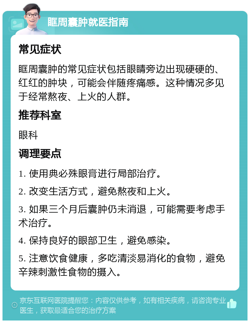 眶周囊肿就医指南 常见症状 眶周囊肿的常见症状包括眼睛旁边出现硬硬的、红红的肿块，可能会伴随疼痛感。这种情况多见于经常熬夜、上火的人群。 推荐科室 眼科 调理要点 1. 使用典必殊眼膏进行局部治疗。 2. 改变生活方式，避免熬夜和上火。 3. 如果三个月后囊肿仍未消退，可能需要考虑手术治疗。 4. 保持良好的眼部卫生，避免感染。 5. 注意饮食健康，多吃清淡易消化的食物，避免辛辣刺激性食物的摄入。