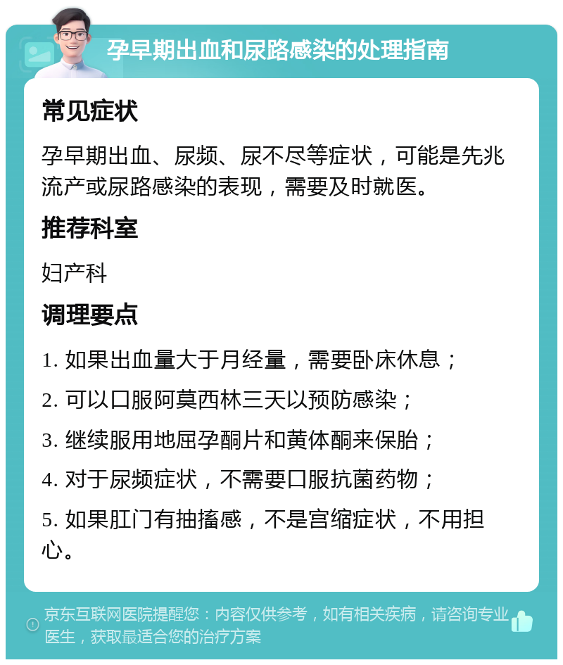 孕早期出血和尿路感染的处理指南 常见症状 孕早期出血、尿频、尿不尽等症状，可能是先兆流产或尿路感染的表现，需要及时就医。 推荐科室 妇产科 调理要点 1. 如果出血量大于月经量，需要卧床休息； 2. 可以口服阿莫西林三天以预防感染； 3. 继续服用地屈孕酮片和黄体酮来保胎； 4. 对于尿频症状，不需要口服抗菌药物； 5. 如果肛门有抽搐感，不是宫缩症状，不用担心。