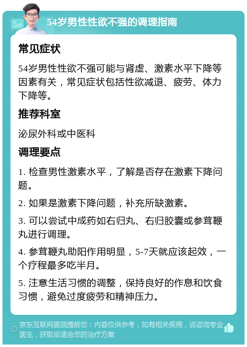 54岁男性性欲不强的调理指南 常见症状 54岁男性性欲不强可能与肾虚、激素水平下降等因素有关，常见症状包括性欲减退、疲劳、体力下降等。 推荐科室 泌尿外科或中医科 调理要点 1. 检查男性激素水平，了解是否存在激素下降问题。 2. 如果是激素下降问题，补充所缺激素。 3. 可以尝试中成药如右归丸、右归胶囊或参茸鞭丸进行调理。 4. 参茸鞭丸助阳作用明显，5-7天就应该起效，一个疗程最多吃半月。 5. 注意生活习惯的调整，保持良好的作息和饮食习惯，避免过度疲劳和精神压力。