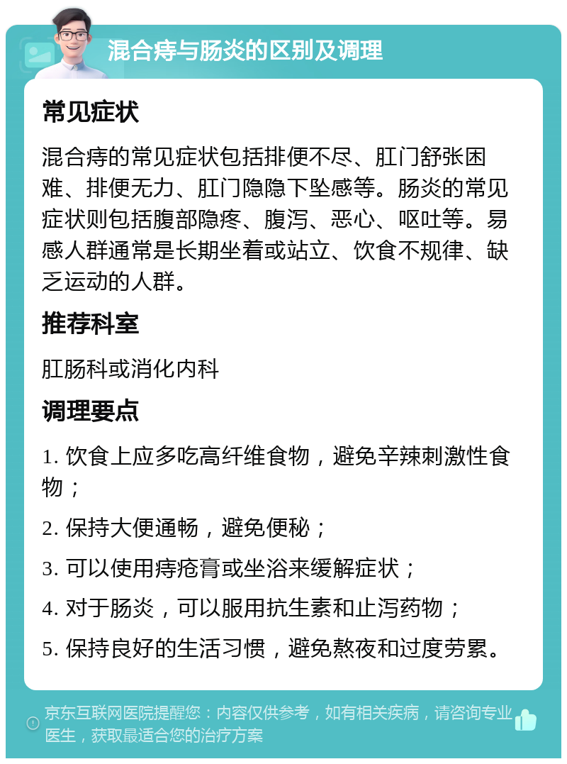 混合痔与肠炎的区别及调理 常见症状 混合痔的常见症状包括排便不尽、肛门舒张困难、排便无力、肛门隐隐下坠感等。肠炎的常见症状则包括腹部隐疼、腹泻、恶心、呕吐等。易感人群通常是长期坐着或站立、饮食不规律、缺乏运动的人群。 推荐科室 肛肠科或消化内科 调理要点 1. 饮食上应多吃高纤维食物，避免辛辣刺激性食物； 2. 保持大便通畅，避免便秘； 3. 可以使用痔疮膏或坐浴来缓解症状； 4. 对于肠炎，可以服用抗生素和止泻药物； 5. 保持良好的生活习惯，避免熬夜和过度劳累。