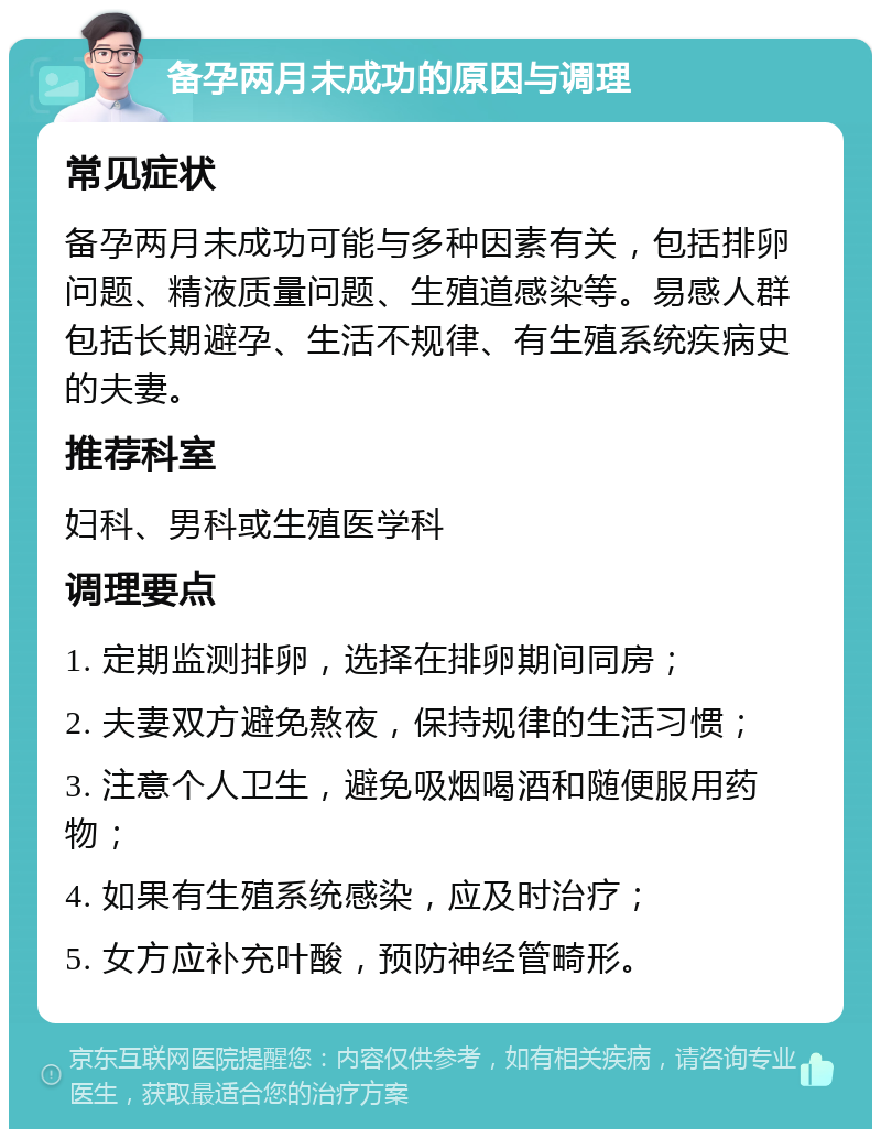 备孕两月未成功的原因与调理 常见症状 备孕两月未成功可能与多种因素有关，包括排卵问题、精液质量问题、生殖道感染等。易感人群包括长期避孕、生活不规律、有生殖系统疾病史的夫妻。 推荐科室 妇科、男科或生殖医学科 调理要点 1. 定期监测排卵，选择在排卵期间同房； 2. 夫妻双方避免熬夜，保持规律的生活习惯； 3. 注意个人卫生，避免吸烟喝酒和随便服用药物； 4. 如果有生殖系统感染，应及时治疗； 5. 女方应补充叶酸，预防神经管畸形。