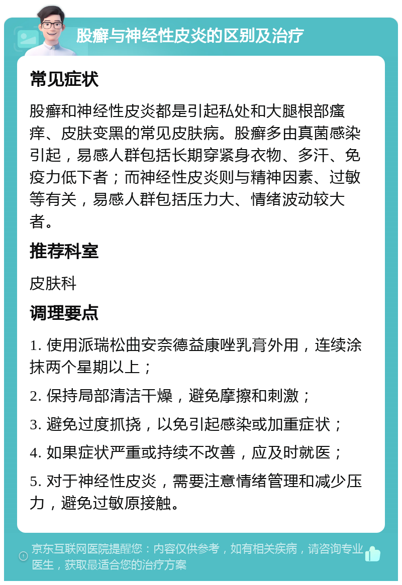 股癣与神经性皮炎的区别及治疗 常见症状 股癣和神经性皮炎都是引起私处和大腿根部瘙痒、皮肤变黑的常见皮肤病。股癣多由真菌感染引起，易感人群包括长期穿紧身衣物、多汗、免疫力低下者；而神经性皮炎则与精神因素、过敏等有关，易感人群包括压力大、情绪波动较大者。 推荐科室 皮肤科 调理要点 1. 使用派瑞松曲安奈德益康唑乳膏外用，连续涂抹两个星期以上； 2. 保持局部清洁干燥，避免摩擦和刺激； 3. 避免过度抓挠，以免引起感染或加重症状； 4. 如果症状严重或持续不改善，应及时就医； 5. 对于神经性皮炎，需要注意情绪管理和减少压力，避免过敏原接触。