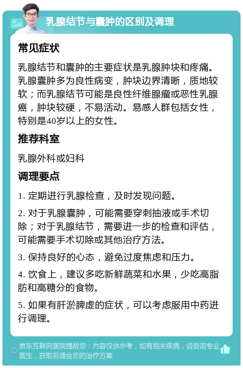 乳腺结节与囊肿的区别及调理 常见症状 乳腺结节和囊肿的主要症状是乳腺肿块和疼痛。乳腺囊肿多为良性病变，肿块边界清晰，质地较软；而乳腺结节可能是良性纤维腺瘤或恶性乳腺癌，肿块较硬，不易活动。易感人群包括女性，特别是40岁以上的女性。 推荐科室 乳腺外科或妇科 调理要点 1. 定期进行乳腺检查，及时发现问题。 2. 对于乳腺囊肿，可能需要穿刺抽液或手术切除；对于乳腺结节，需要进一步的检查和评估，可能需要手术切除或其他治疗方法。 3. 保持良好的心态，避免过度焦虑和压力。 4. 饮食上，建议多吃新鲜蔬菜和水果，少吃高脂肪和高糖分的食物。 5. 如果有肝淤脾虚的症状，可以考虑服用中药进行调理。